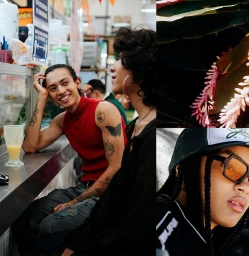 Collage featuring a smiling man in a red sleeveless top at a counter, tropical foliage, and a person in sunglasses.