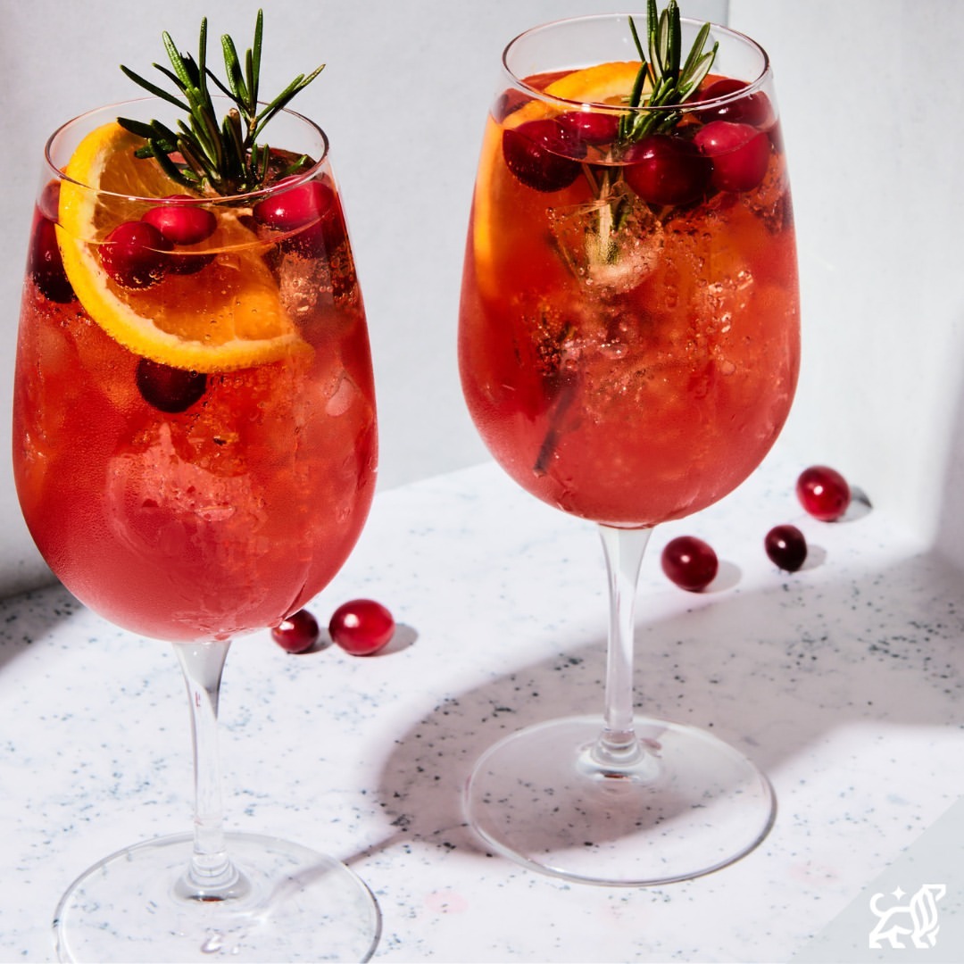 Two glasses of cranberry cocktail with orange slice and rosemary garnish on a white surface with soft lighting and shadows.