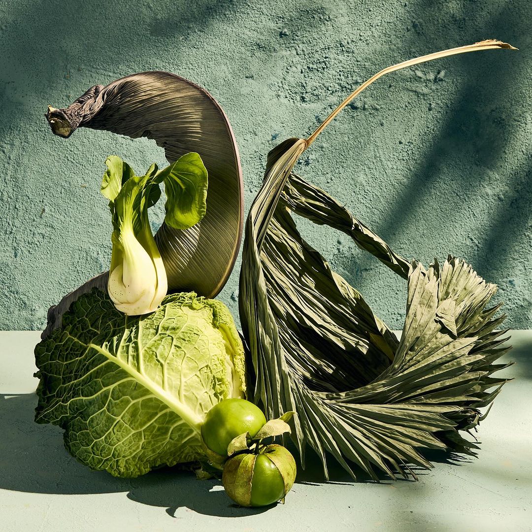 Still life photography featuring fresh and dry vegetables including cabbage, bok choy, apples, and palm leaves against textured background.