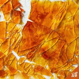 Close up overhead shot of amber coloured shards of brittle sugar candy scattered on a white background