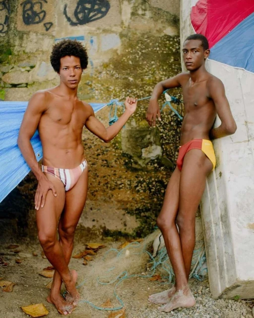 Two young adult males pose in swim briefs next to a weathered concrete wall near blue fabric and fishing net, under natural light.