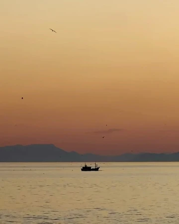 Silhouette of a fishing boat sails on a tranquil sea during a golden sunset with seagulls flying overhead, with distant mountains.