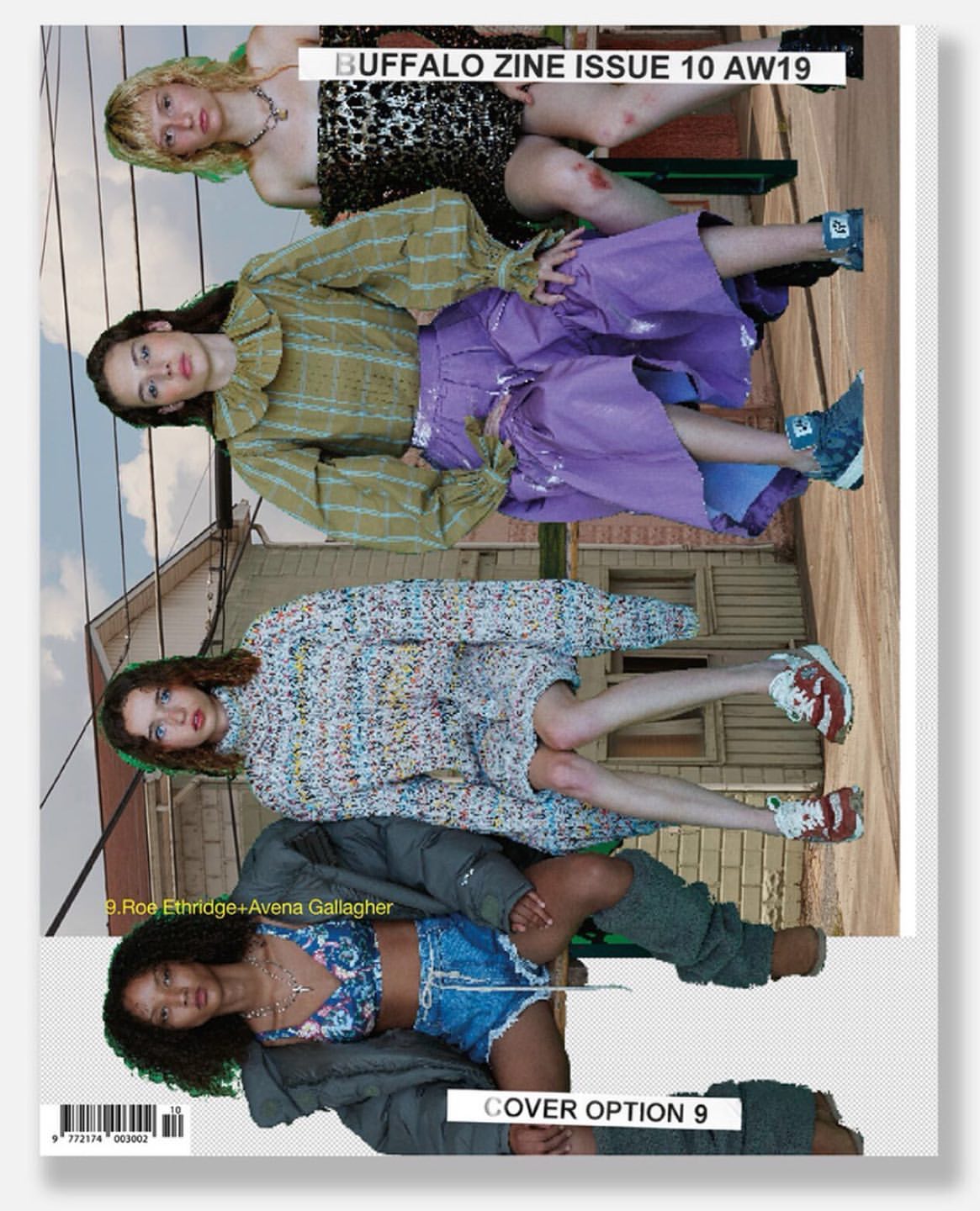 Magazine cover featuring four young women of diverse ethnicities in stacked horizontal composition, styled in fashionable clothing outdoors.