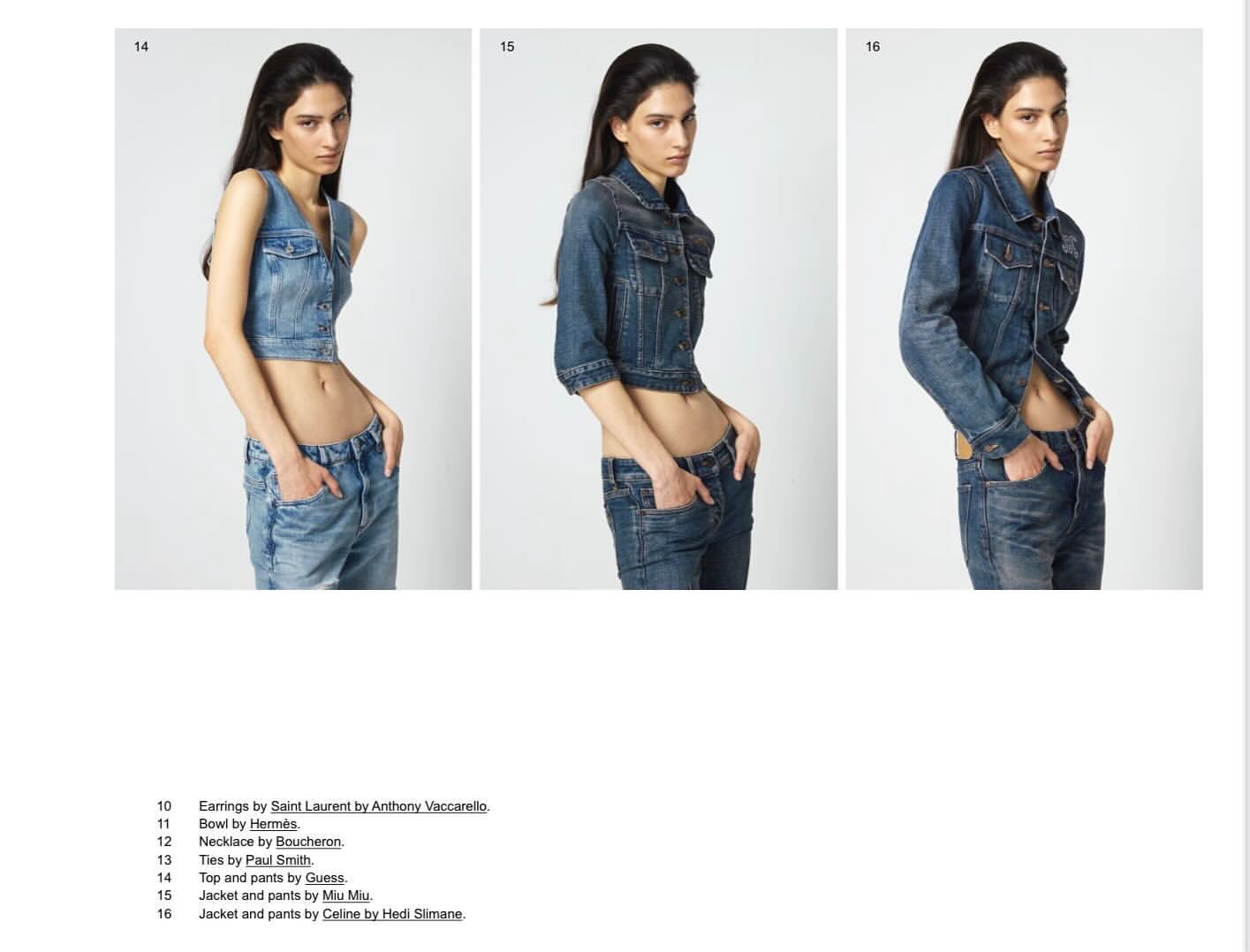 Three fashion shots of a young adult woman posing in denim crop tops and jeans in a photo studio setting on a white background.