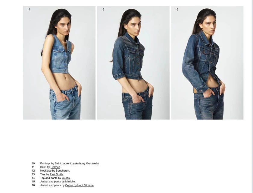 Three fashion shots of a young adult woman posing in denim crop tops and jeans in a photo studio setting on a white background.