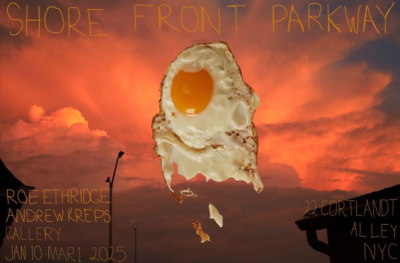 Surreal art poster featuring a fried egg floating against an orange cloudscape sky above building silhouettes. Text includes gallery details.