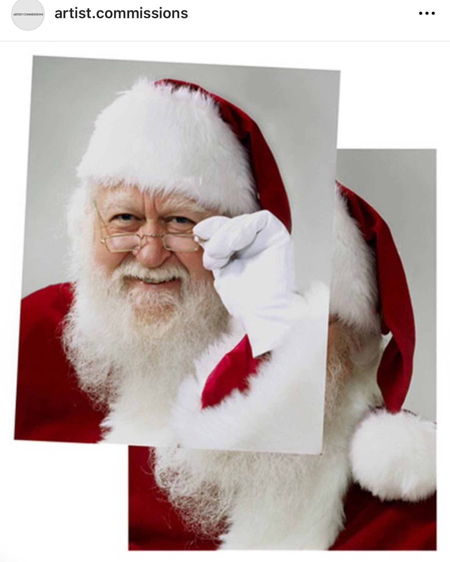 Artwork featuring Santa Claus portrait; partial view with a white glove over one eye, festive, and classic Christmas aesthetic.