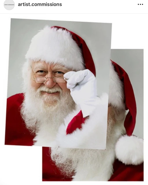 Artwork featuring Santa Claus portrait; partial view with a white glove over one eye, festive, and classic Christmas aesthetic.