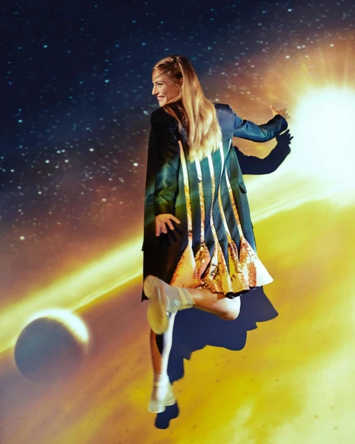 Blonde woman in a black and gold jacket poses with an outstretched hand against a background of planets and a bright sun.