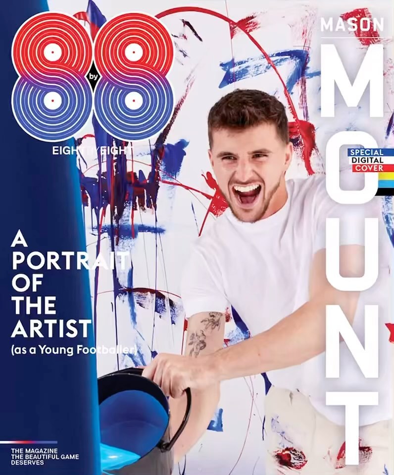 Magazine cover featuring Mason Mount, a soccer player, in a portrait with paint splatters, holding a paint can against an abstract background.