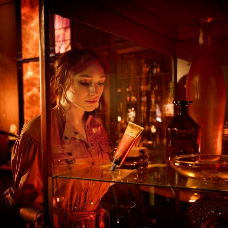 Elegant woman in orange dress examines a golden cream tube inside a glass cabinet, bathed in warm, inviting light, with beauty product focus.