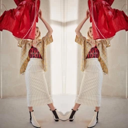 Mirrored fashion editorial image of a woman holding a red garment above her head wearing a plaid shirt striped skirt and boots