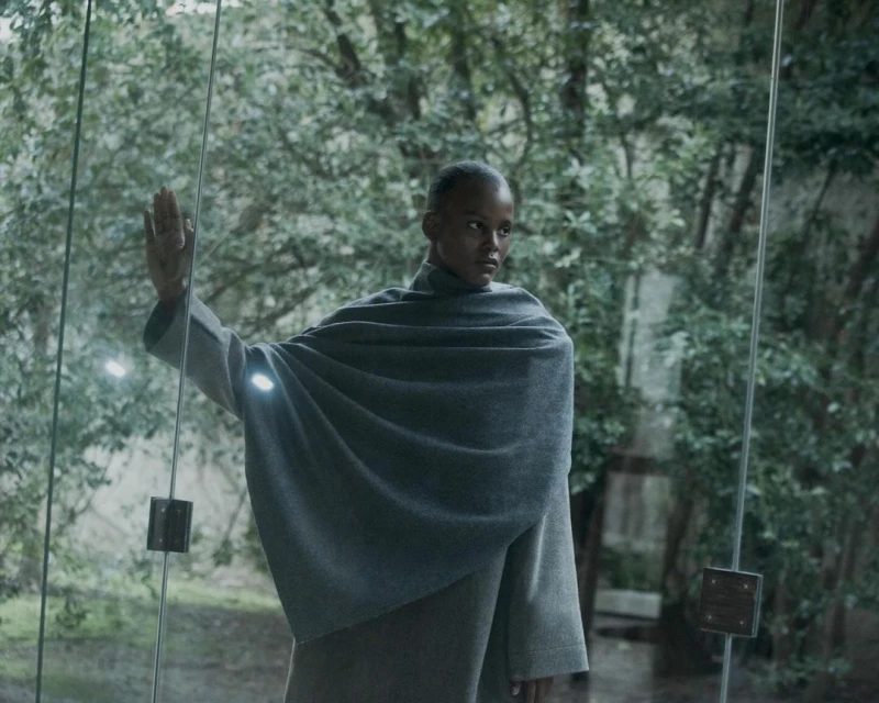 Elegant Black woman in an ash-grey cloak, standing at glass doors overlooking a lush green outdoor setting with soft, natural light.
