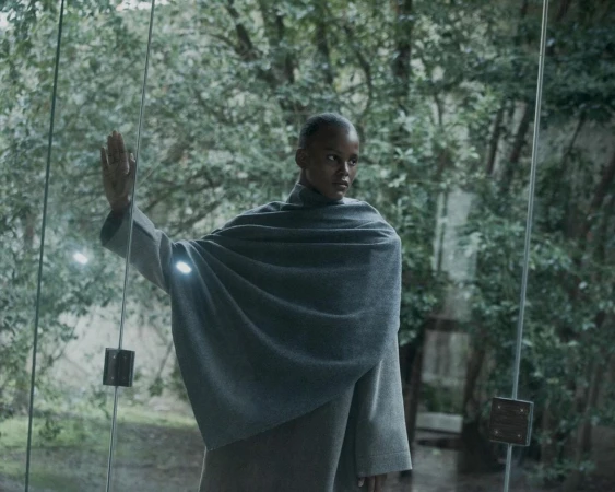 Elegant Black woman in an ash-grey cloak, standing at glass doors overlooking a lush green outdoor setting with soft, natural light.