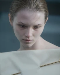 Close-up portrait of a young woman looking down with a golden pin piercing a cream fabric held in the foreground