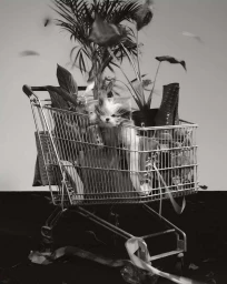 A small fluffy dog and potted plants inside a metal shopping cart against a plain studio background.