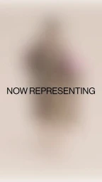 Blurred vertical abstract image with text Now Representing centered over soft neutral background tones.