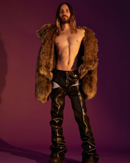 Portrait of Jared Leto wearing a fur coat and leather chaps standing against a purple background with a dramatic pose and soft lighting.