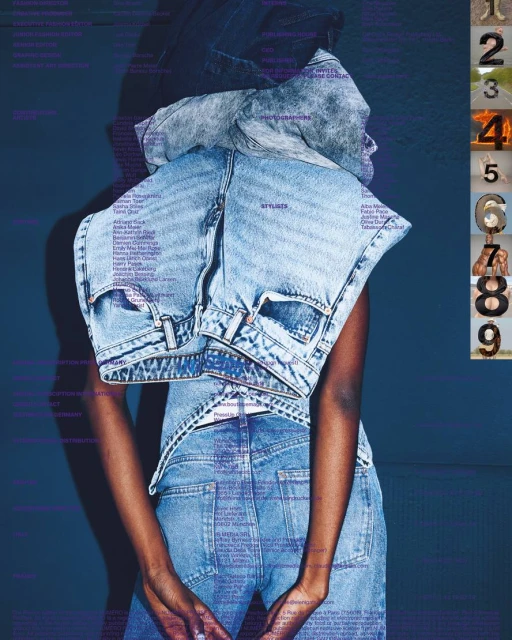 Fashion shot of a woman posing with a denim ensemble, creatively styled with stacked jeans and digital number graphics overlay.