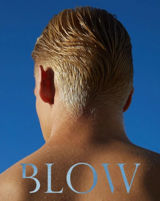 Back view of a light-skinned adult male with short blonde hair against a bright blue sky, featuring the word 'BLOW' in the foreground.