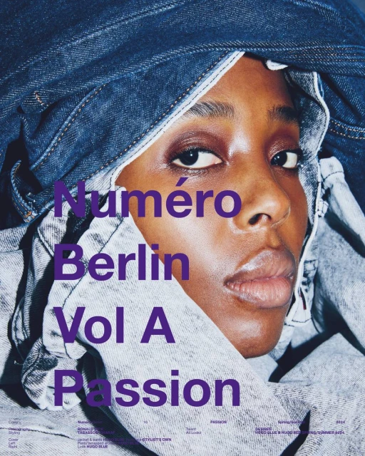 Fashion magazine cover featuring a close-up of a Black female model partially covered in blue denim, with purple magazine text overlay.