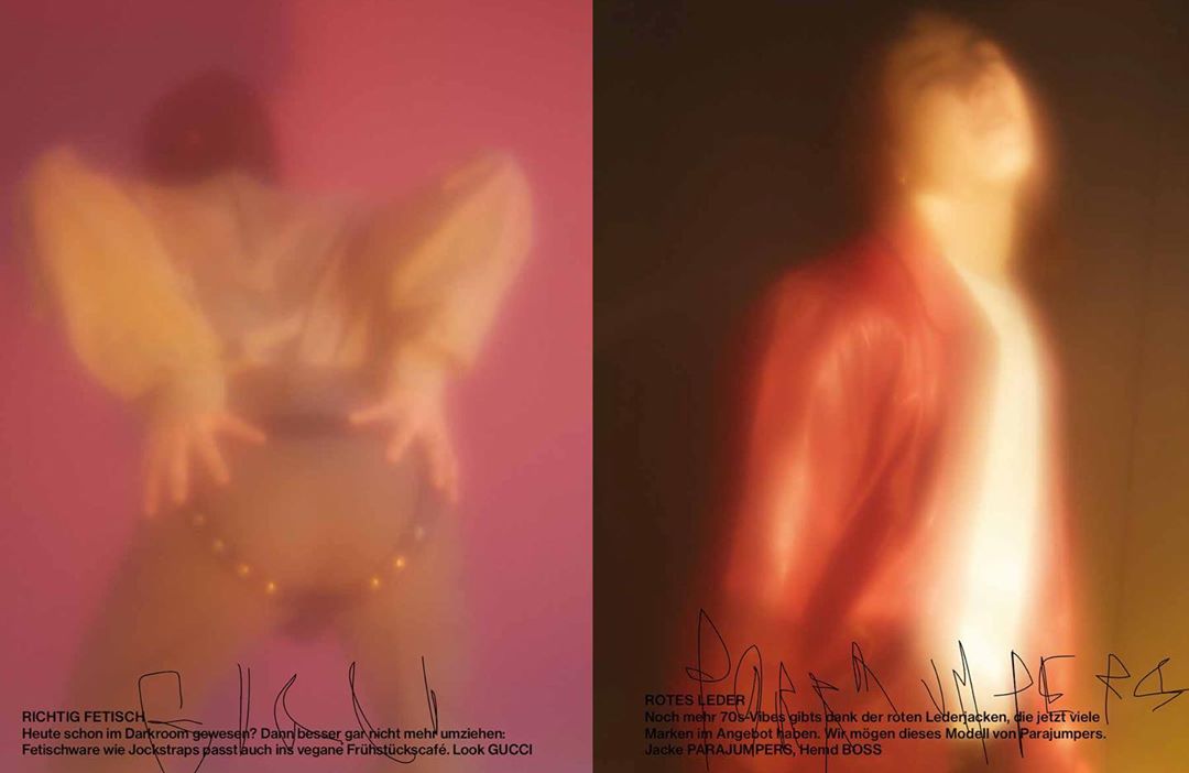 Fashion shot features two blurry figures, one in yellow and one in red, against pink and brown backgrounds with overlayed text.