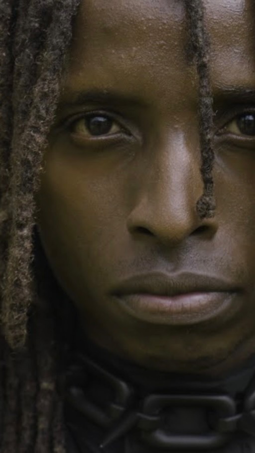 Close-up portrait of a Black male with dreadlocks, his gaze fixed intently, accessorized with a distinctive black collar. The lighting is soft.