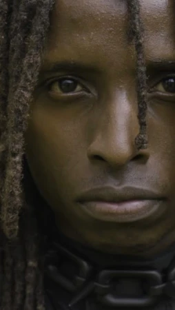 Close-up portrait of a Black male with dreadlocks, his gaze fixed intently, accessorized with a distinctive black collar. The lighting is soft.