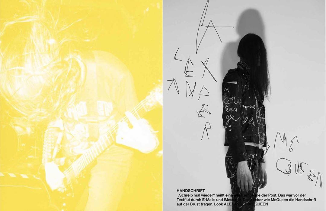 Fashion editorial shot featuring an androgynous model in a black and white suit, juxtaposed with a high-contrast yellow image.