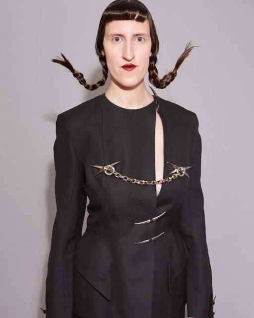 Close-up studio shot of a woman with unique braids and bangs wearing a black jacket with metallic embellishments against gray background.