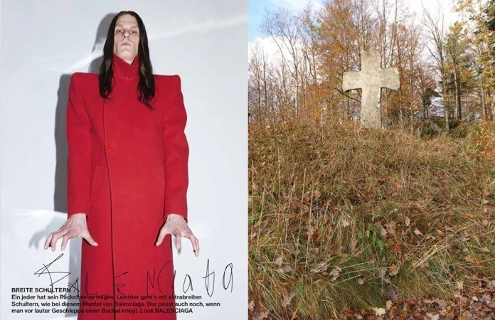 Model with long dark hair wearing a vibrant red coat with exaggerated padded shoulders against a plain background