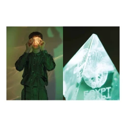 A diptych image showing a person in green attire on the left and a translucent glass pyramid with visible lettering on the right.