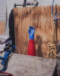 Blue rubber glove atop a red safety cone against a wooden panel in Paris by photographer Ronan Brun.