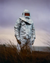 Figure in a metallic silver protective suit standing amidst tall grass under an overcast sky.