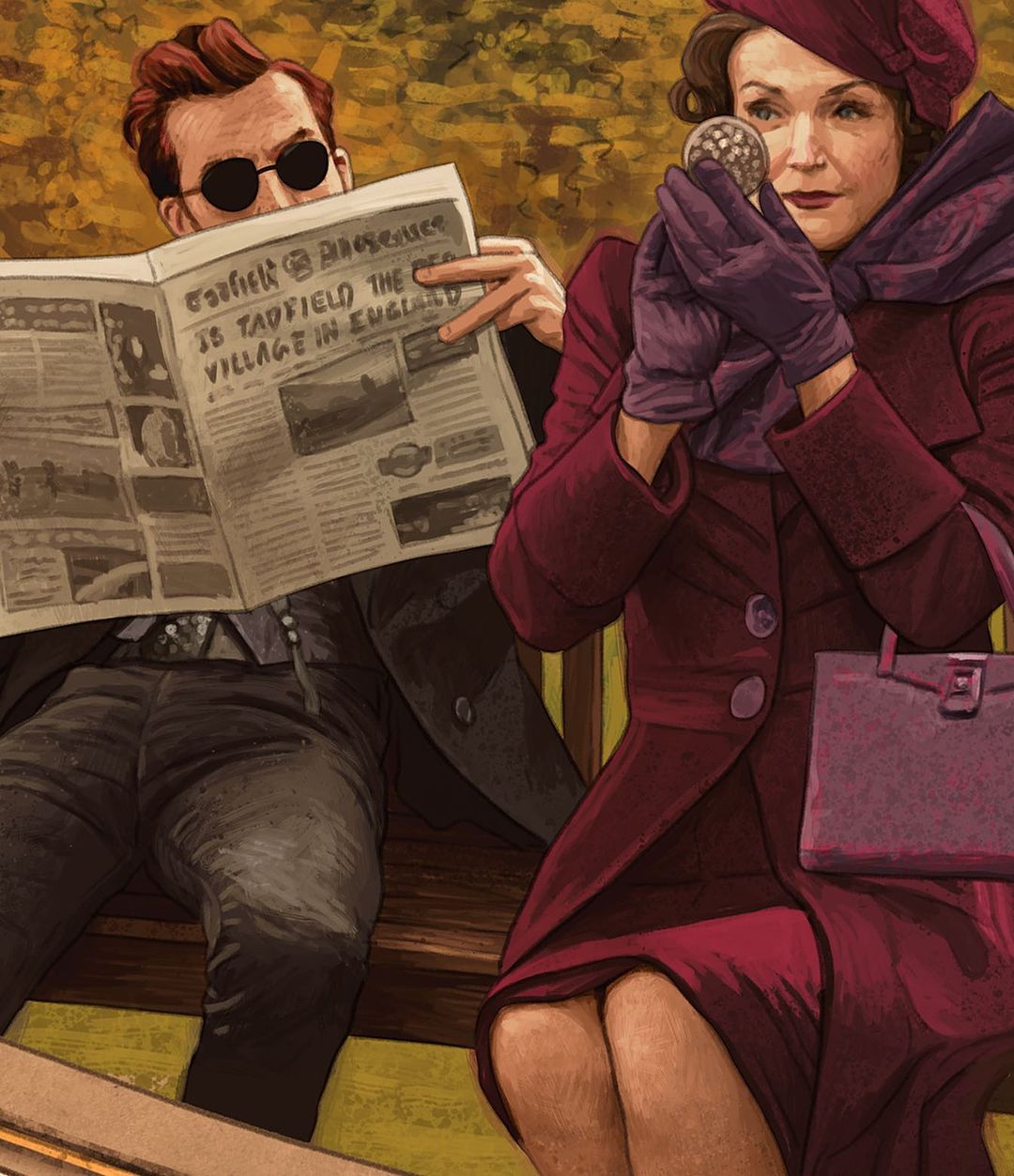 Illustration of a man reading a newspaper and a woman checking her reflection in a compact mirror while sitting on a park bench.