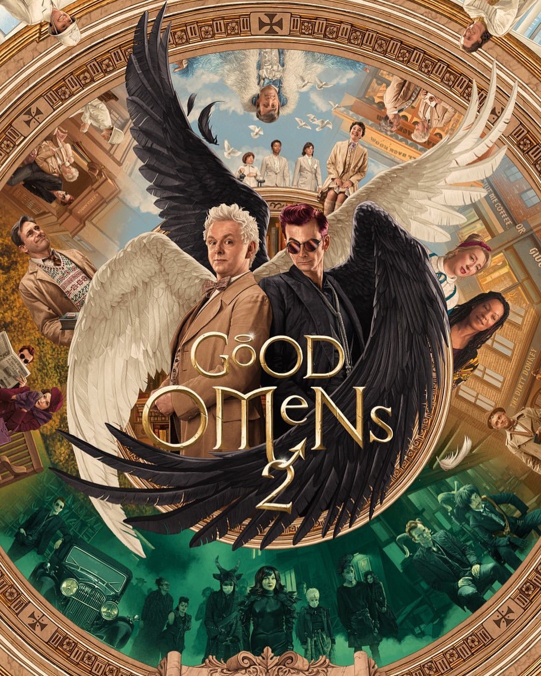 Promotional poster for 'Good Omens' season 2 featuring two main characters with wings amid supporting cast and ornate design.