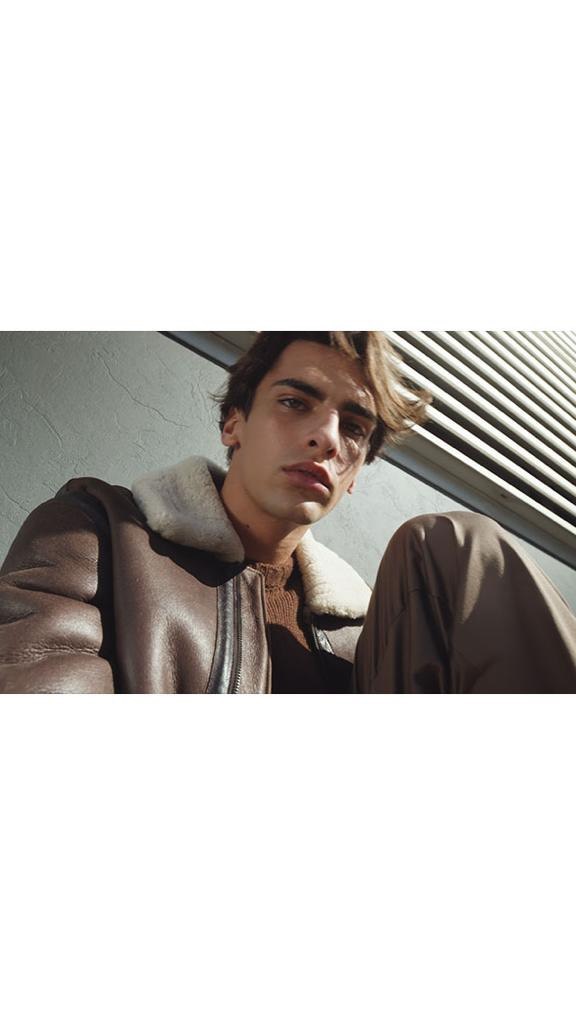 Portrait of a young adult male in a brown shearling jacket, looking down with a neutral expression, against a light concrete background.