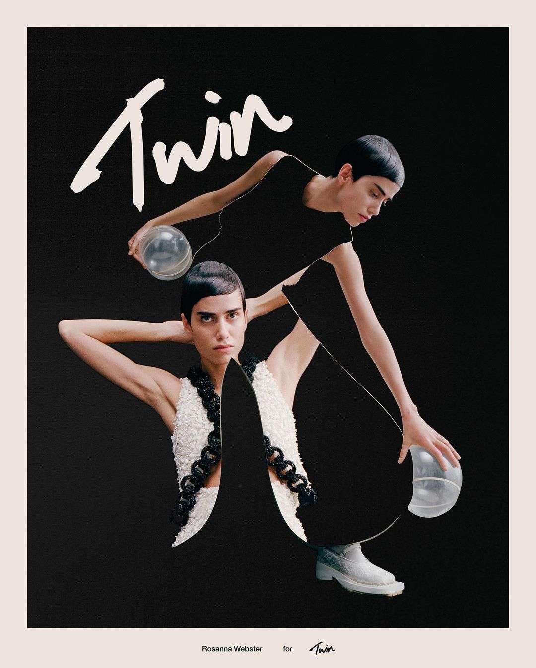 Fashion editorial shot with two women posing with translucent ball against a black background, wearing modern apparel.