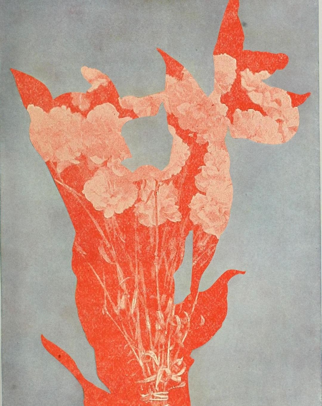 Whimsical art featuring a silhouetted vase filled with a bouquet of flowers, depicted in coral hues against a light grey background.