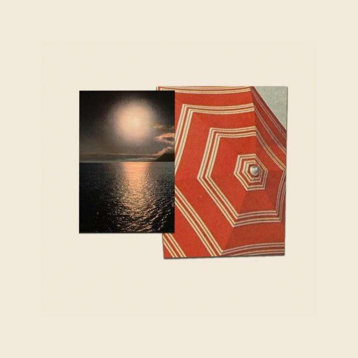 Collage of a beach umbrella and ocean landscape with sun, creating a surreal, artistic composition with a warm, inviting color palette.