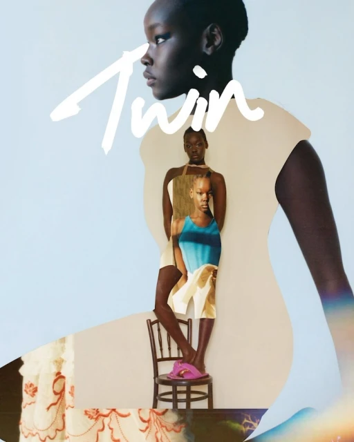 Collage of a Black fashion model in a light tan dress, overlaid with magazine images, on a pastel blue and white background.