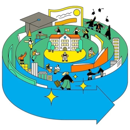 Illustration of an educational journey represented by a winding path with people, a school building, and graduation symbols.