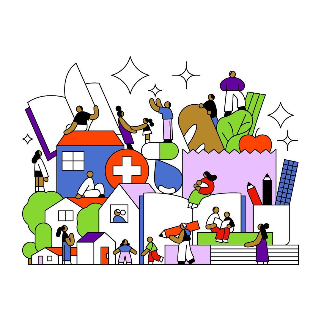 Illustration shows people interacting with houses, food, and school supplies, conveying community, health, and education concept.
