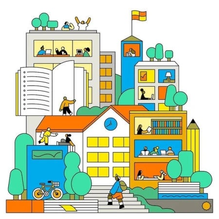 Whimsical illustration of a university campus with students studying, walking, and interacting in various settings, showcasing campus life.