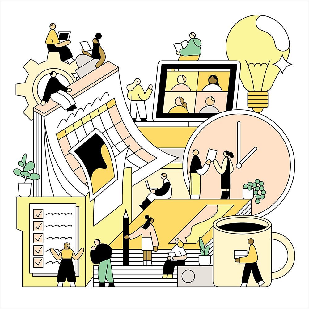 Illustration of people working together remotely, using digital devices, engaging in a video conference, with a calendar, and lightbulb.
