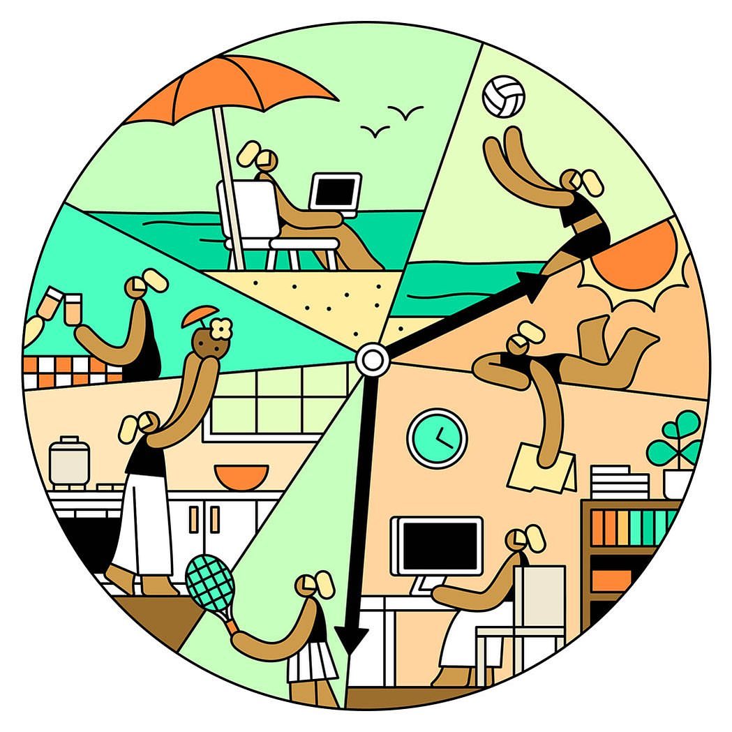 Whimsical illustration depicting a day in the life of a person through radial segments of a circle, including beach, kitchen, and office scenes.