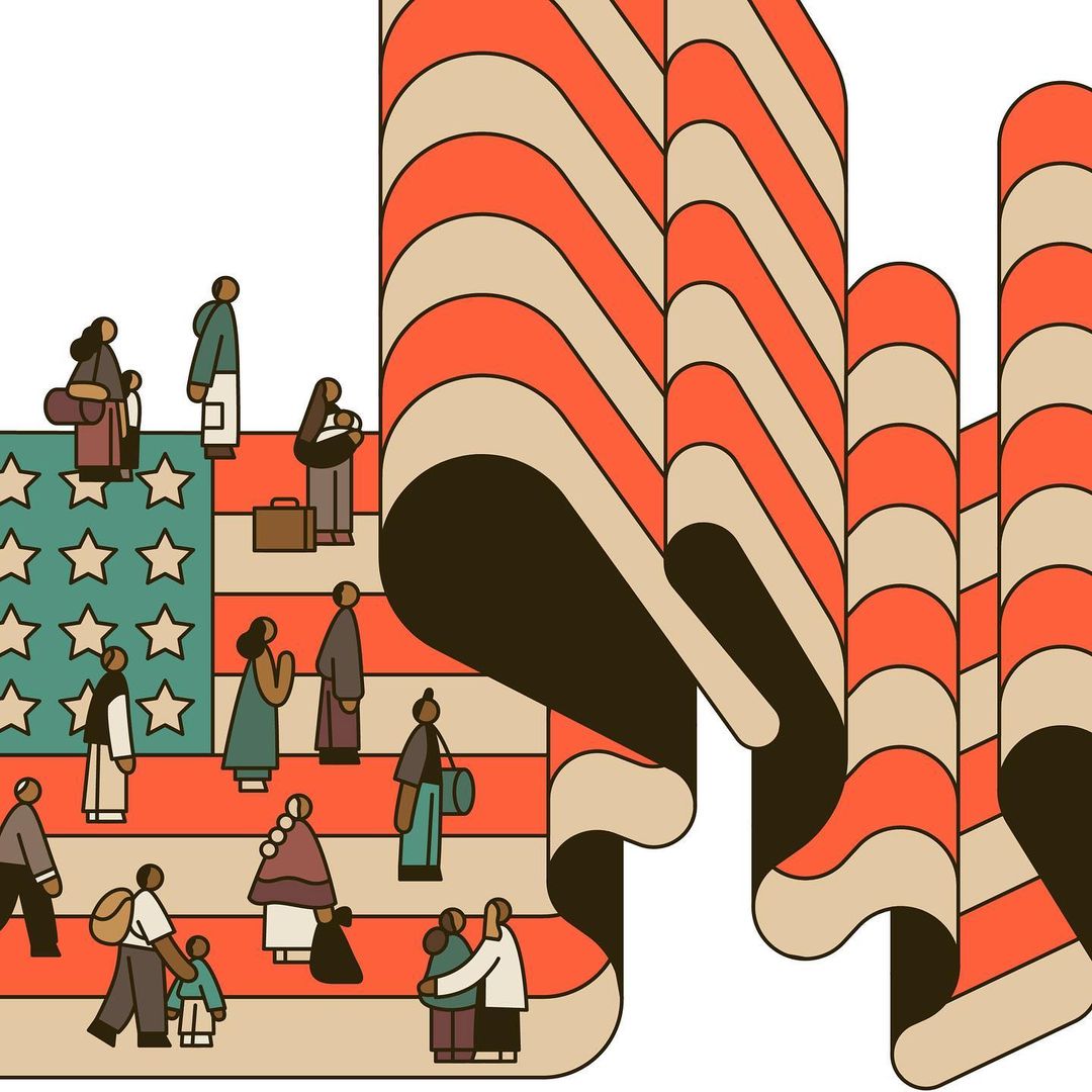 Illustration of a diverse group of people standing on a stylized American flag, with a bold stripe graphic element overlay.