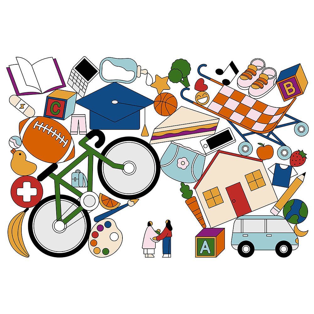 Illustrated scene featuring a bicycle, educational items, food, and other everyday objects in a colorful, flat design against a white background.