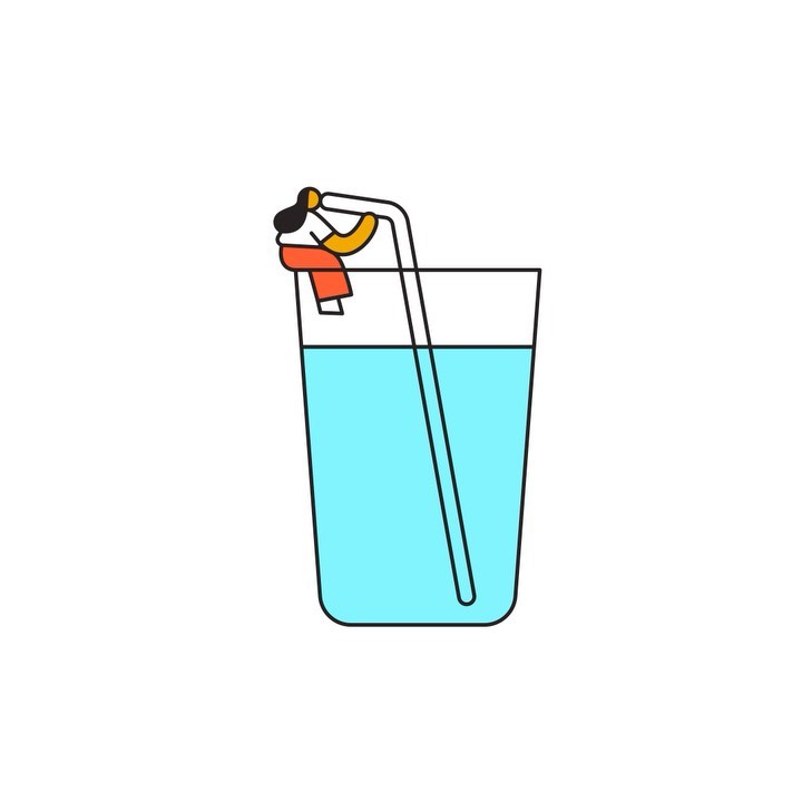 Illustration of a small person drinking from a large glass of blue liquid using a straw, set against a white background.