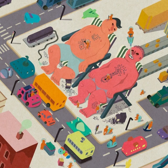 Illustration of two large adults relaxing on beach chairs in a colorful city with tiny people, vehicles, and buildings, presented in an isometric view.